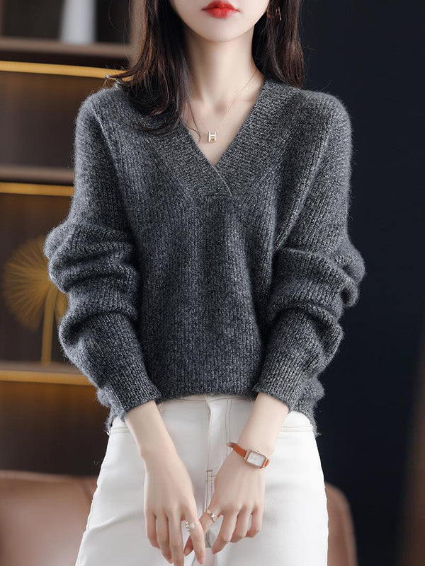 Loose Long Sleeves Solid Color V-Neck Sweater Tops