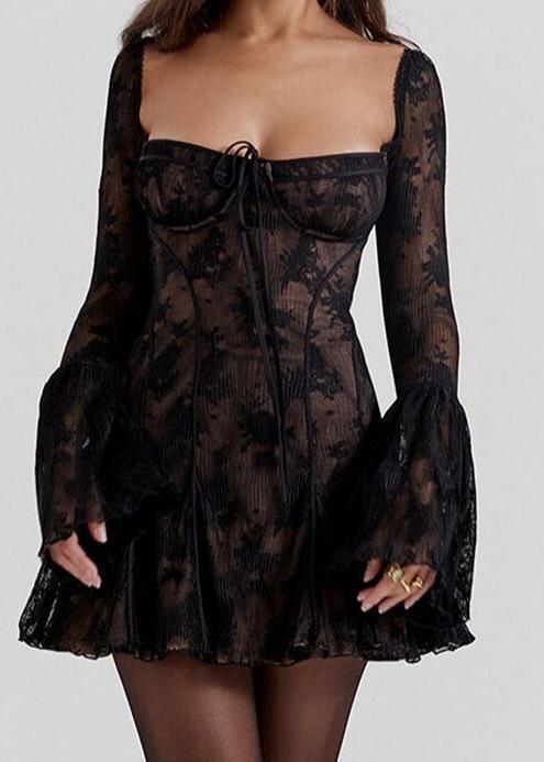 Self Tie Lace Dress Long Sleeve Vibrant Red