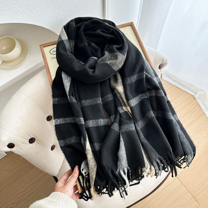 Scarvii - Reversible Color-Block Plaid Scarf with Fringe