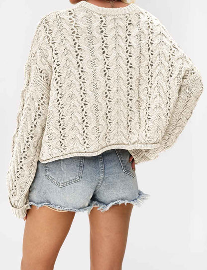 Cable Knit Round Neck Button Pullover Sweater