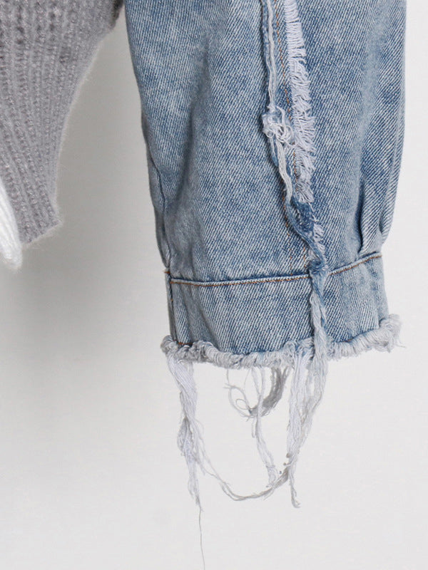 Stylish Denim Knitting Split-Joint Contrast Color Sweater Top