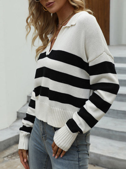 Simple Loose Striped Lapel Collar Long Sleeves Sweater Tops