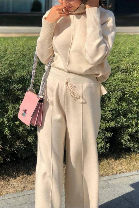 Casual High-neck Knitted Wide-leg Pants Two-piece Suits