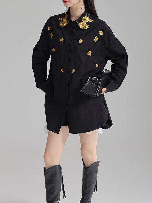 Long Sleeves Loose Buttoned Embroidered Split-Side Lapel Blouses&Shirts Tops