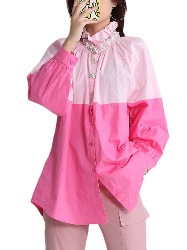 Long Sleeves Loose Buttoned Contrast Color Rhine Stones Mock Neck Blouses&Shirts Tops