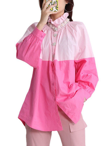 Long Sleeves Loose Buttoned Contrast Color Rhine Stones Mock Neck Blouses&Shirts Tops