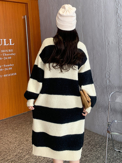 Stylish Loose Striped V-Neck Sweater Dresses