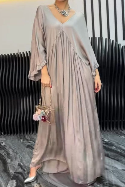 Satin Solid Color V-neck Lotus Leaf Sleeve Loose Pleated Maxi Dress