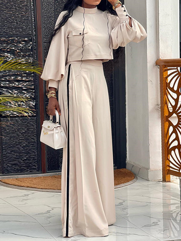 Casual Long Sleeves T-Shirts & High-Waisted Wide Leg Pants Suits