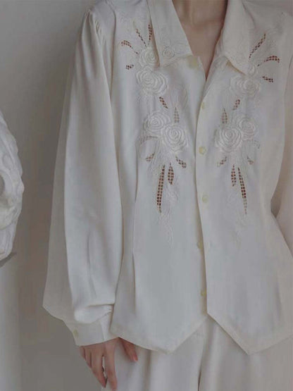 Loose Wrap Embroidered Hollow Solid Color Lapel Blouses&Shirts Tops