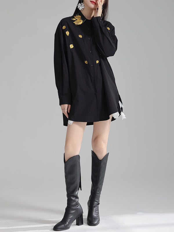Long Sleeves Loose Buttoned Embroidered Split-Side Lapel Blouses&Shirts Tops