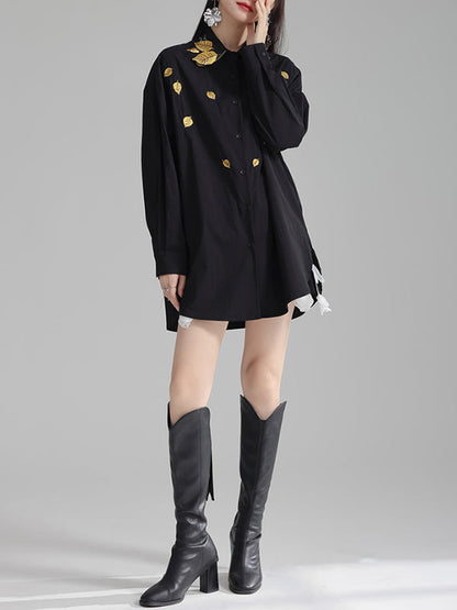 Long Sleeves Loose Buttoned Embroidered Split-Side Lapel Blouses&Shirts Tops
