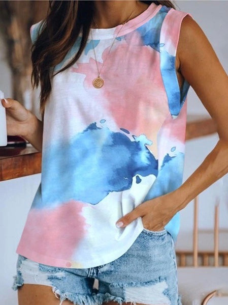 Women'S Top Collar Tie-Dye Printing Vest T-Shirt