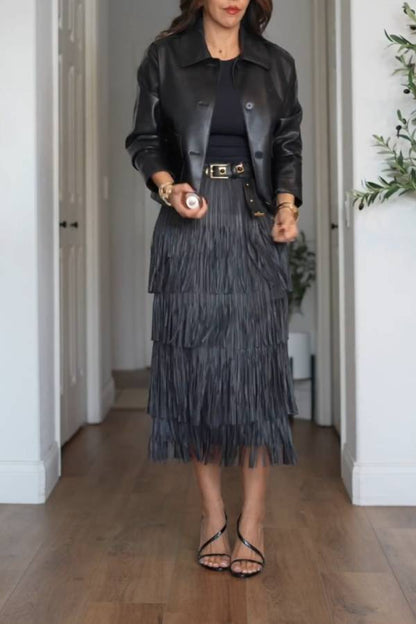 FRINGED MIDI SKIRT
