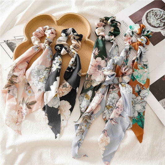 Floral Ribbon Scarf Pony Scrunchie