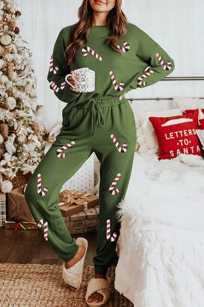 Casual Party Santa Claus Christmas Tree Candy Sequins Lace Up O Neck Long Sleeve Two Pieces