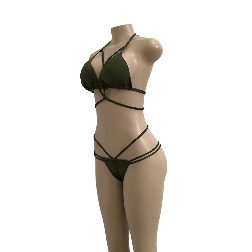 Strap Knit Button Back Bikini Swimsuit With 14 Colors