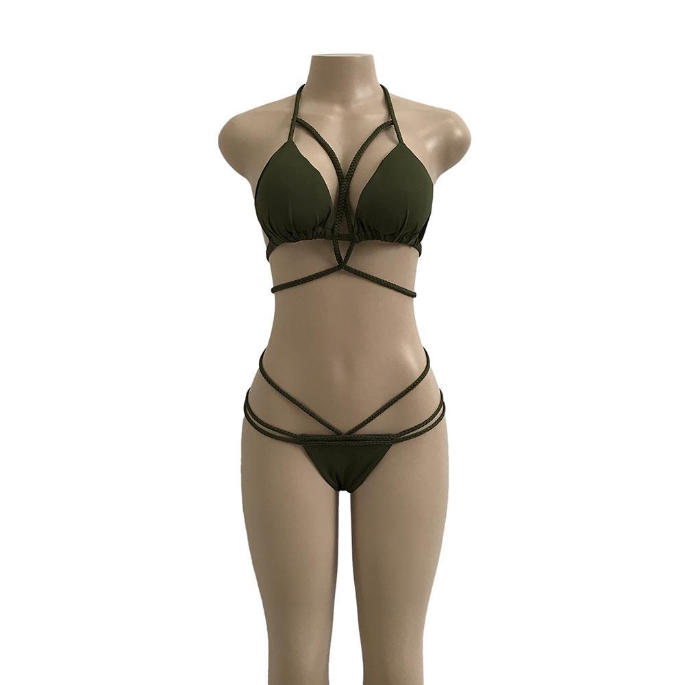 Strap Knit Button Back Bikini Swimsuit With 14 Colors