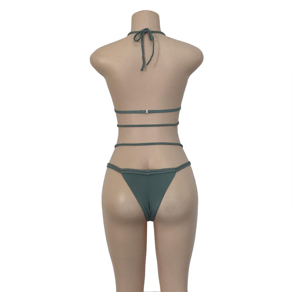 Strap Knit Button Back Bikini Swimsuit With 14 Colors