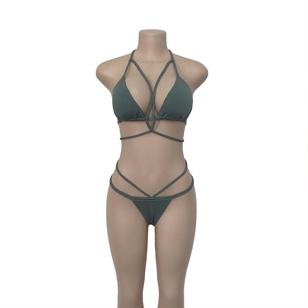 Strap Knit Button Back Bikini Swimsuit With 14 Colors