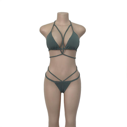 Strap Knit Button Back Bikini Swimsuit With 14 Colors