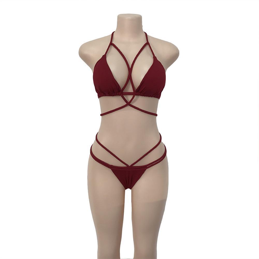 Strap Knit Button Back Bikini Swimsuit With 14 Colors