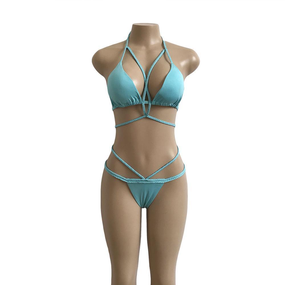 Strap Knit Button Back Bikini Swimsuit With 14 Colors