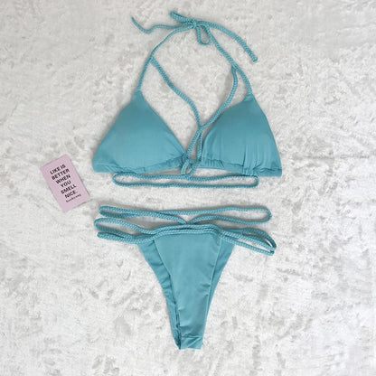 Strap Knit Button Back Bikini Swimsuit With 14 Colors