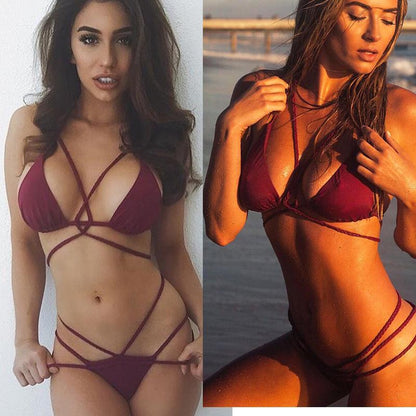 Strap Knit Button Back Bikini Swimsuit With 14 Colors