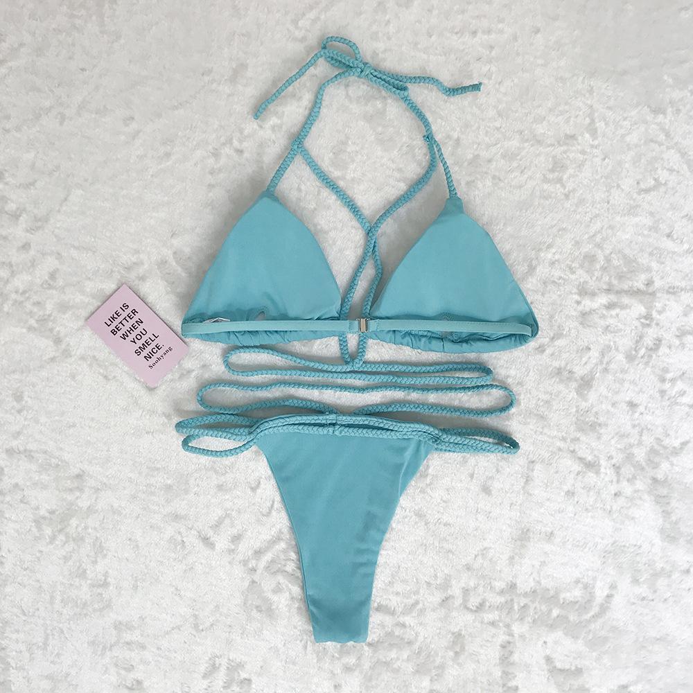 Strap Knit Button Back Bikini Swimsuit With 14 Colors