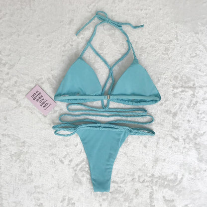 Strap Knit Button Back Bikini Swimsuit With 14 Colors