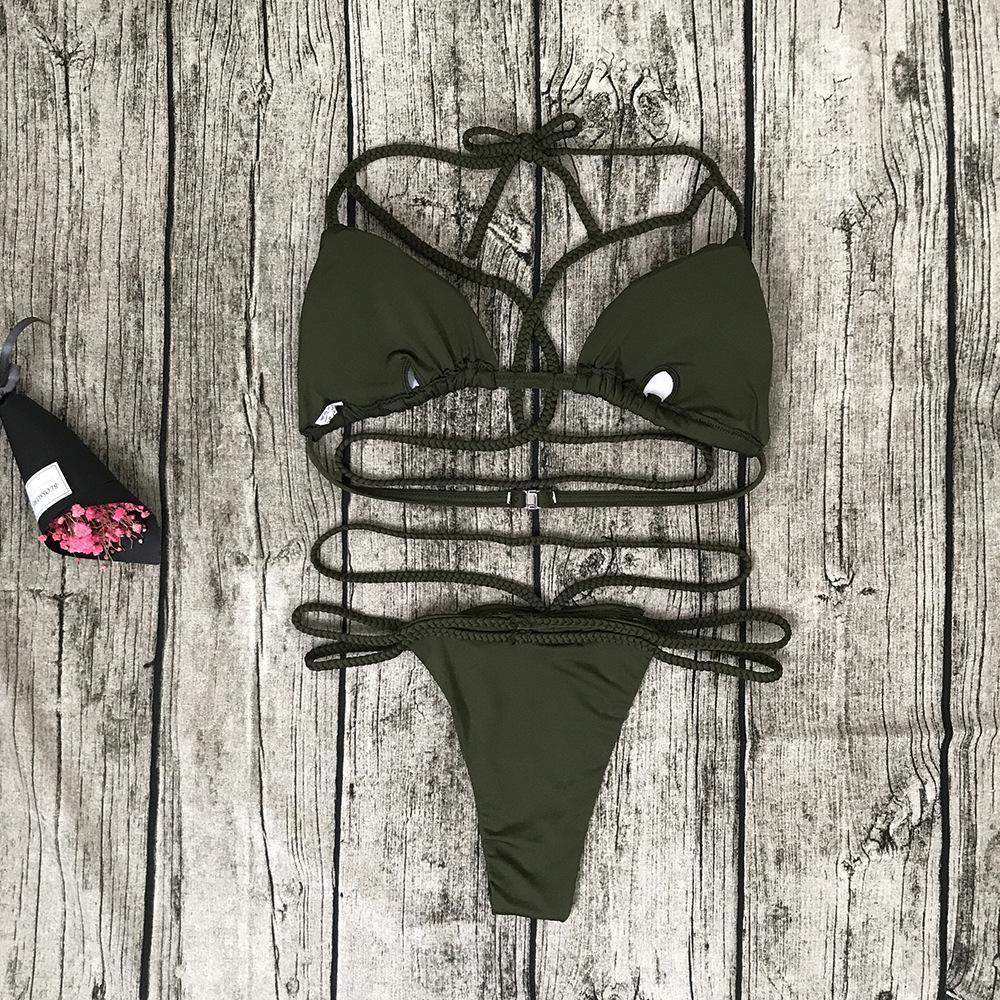 Strap Knit Button Back Bikini Swimsuit With 14 Colors