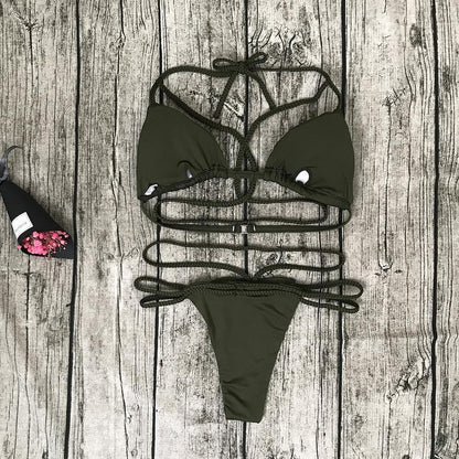 Strap Knit Button Back Bikini Swimsuit With 14 Colors