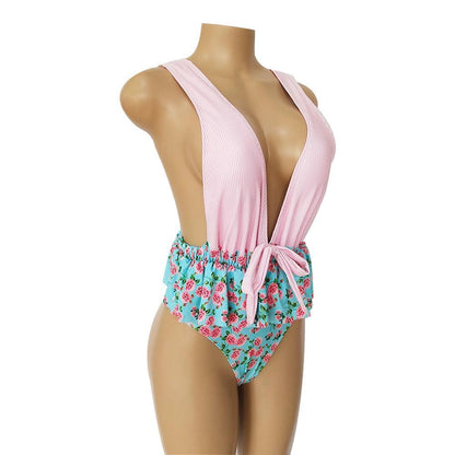 Ruffled Print V-Neck Bow Ins Style One Piece Swimsuit