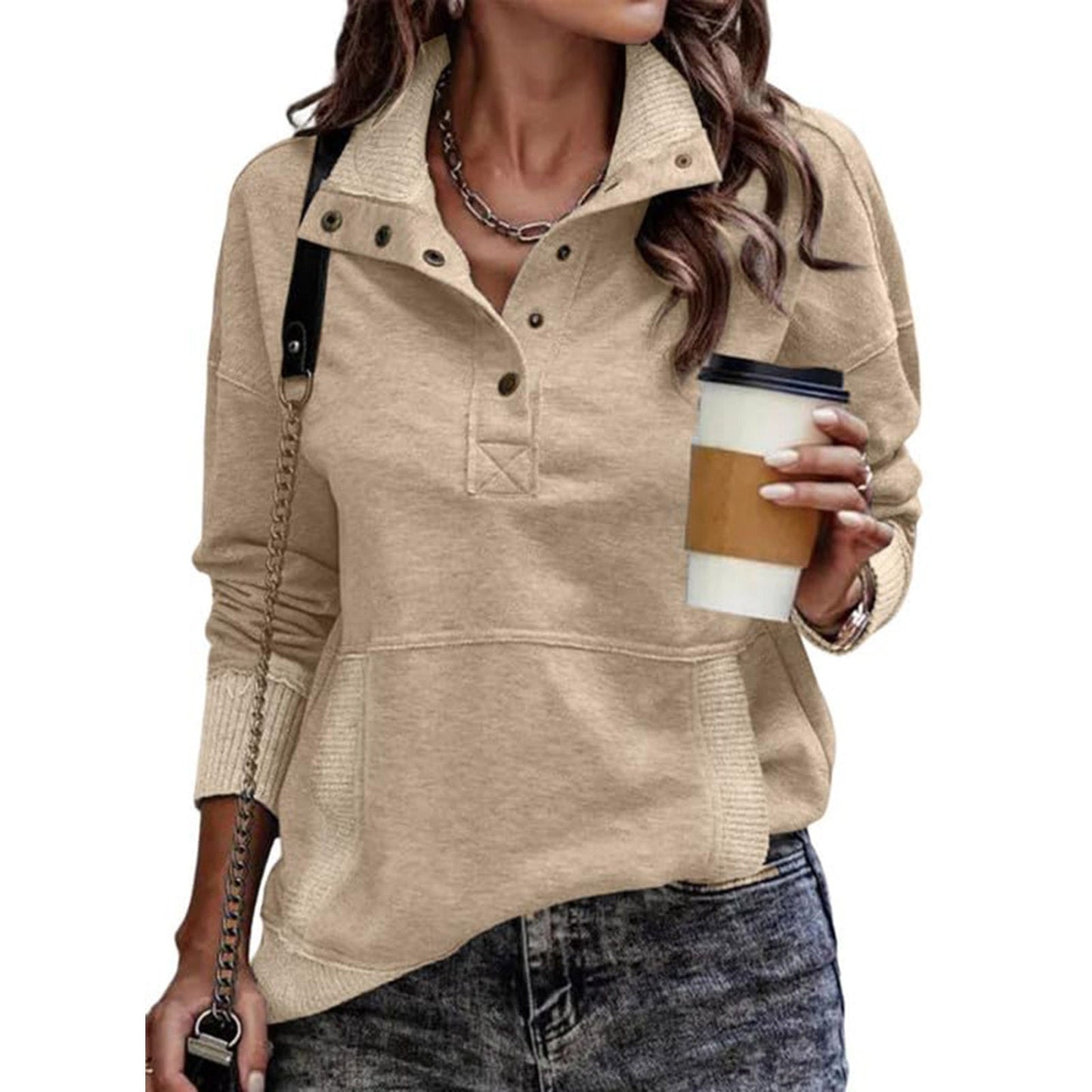 Solid Color Pocket Long Sleeve Button Up Hoodie