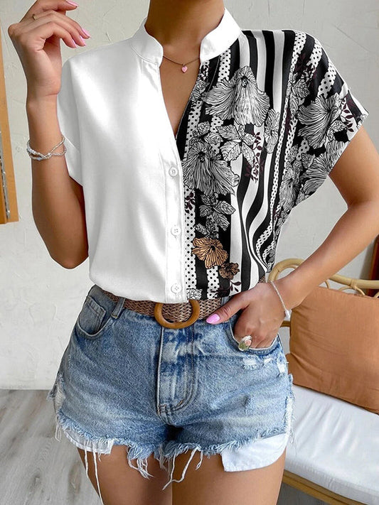 Loose Short Sleeves Buttoned Contrast Color Flower Print Striped V-Neck T-Shirts Tops
