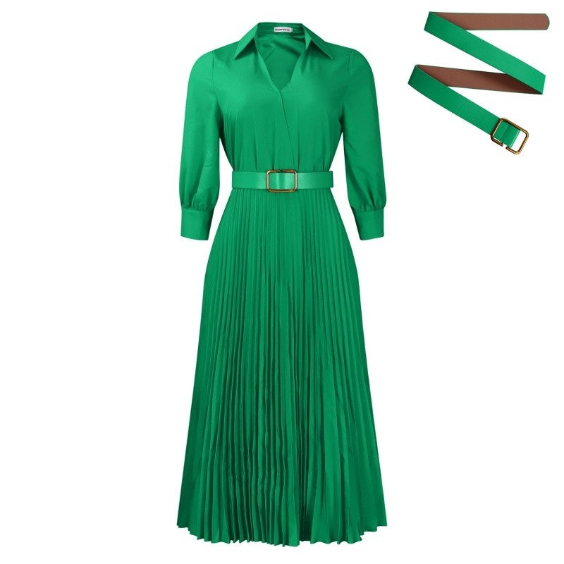 Solid Color Long Sleeve Pleated V-Neck Maxi Dress
