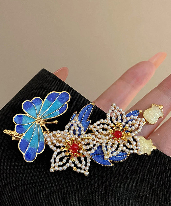 Vintage Blue Sterling Silver Overgild Pearl Cloisonne Floral Hairpin