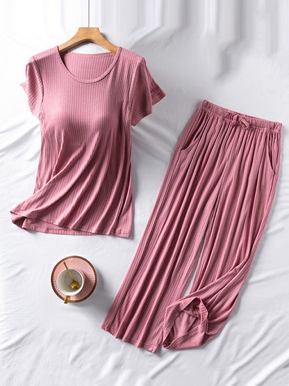 Solid Color Short Sleeve T-Shirts&Cropped Pants Pajamas Sets
