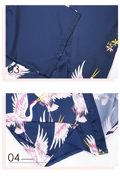 Silk Crane Pajama Girl Summer Mid Sleeve Bride Morning Robe Big Yard Home Robe Bathrobe Color56