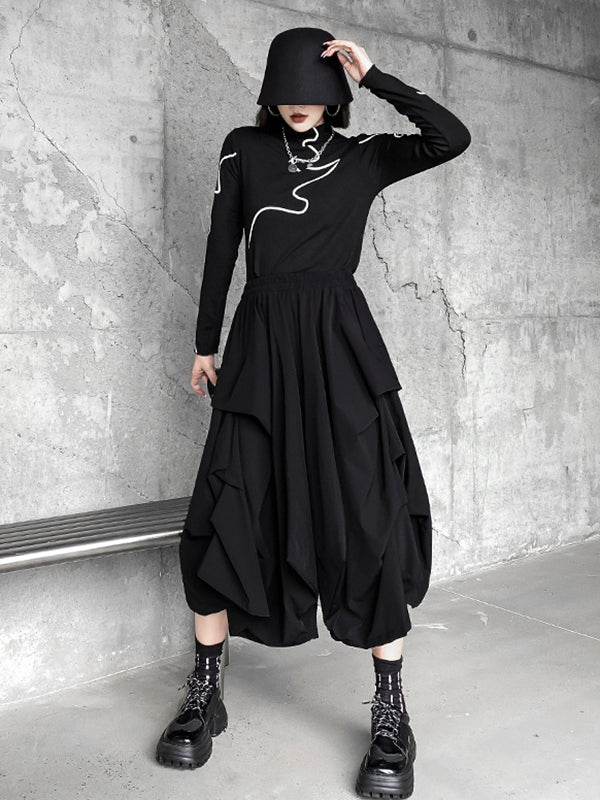 Fashion Irregularity Wide Leg Solid Color Elastic Waist Cropped Pants