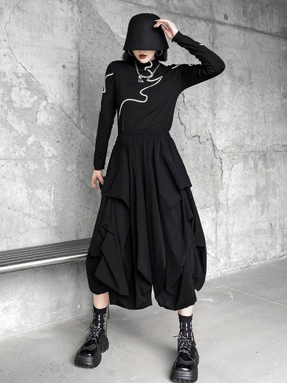 Fashion Irregularity Wide Leg Solid Color Elastic Waist Cropped Pants