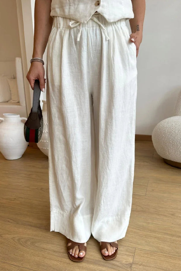 Casual Solid Color Cotton Linen Vest \u0026 Lace-Up Pants Two-Piece Set