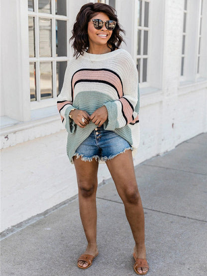 Casual Loose Contrast Color Striped Round-Neck Sweater Tops