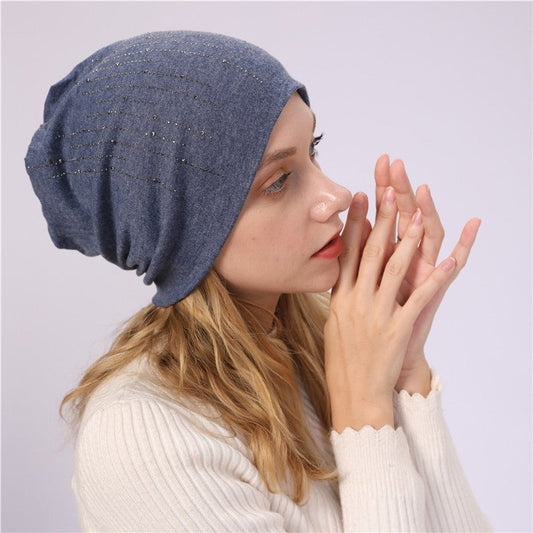 Solid Color Rhinestone Double Layer Beanie