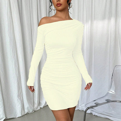 Solid Color Off Shoulder Long Sleeve Bodycon Short Dress