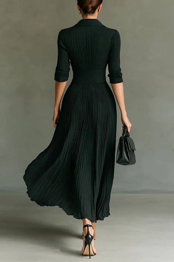 Elegant Pleated Lapel Waisted Long-sleeved Maxi Dress