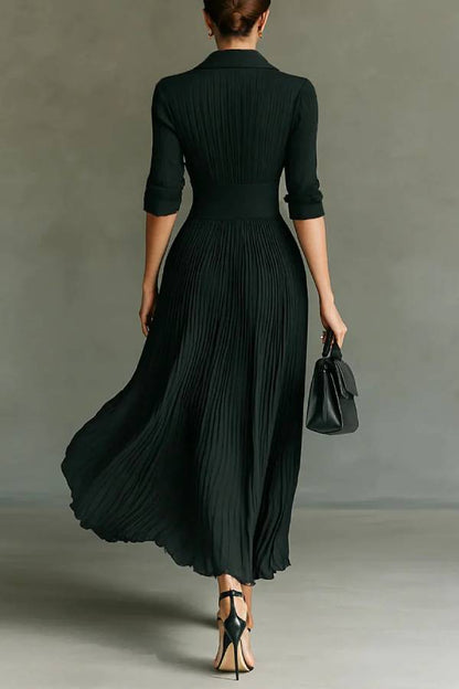 Elegant Pleated Lapel Waisted Long-sleeved Maxi Dress