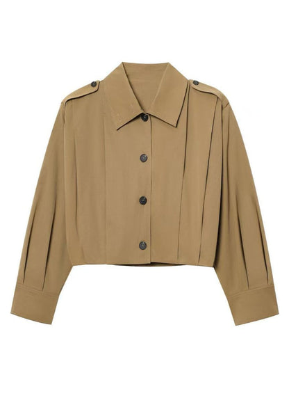 Cropped Button Up Jacket Khaki Lightweight Fabric