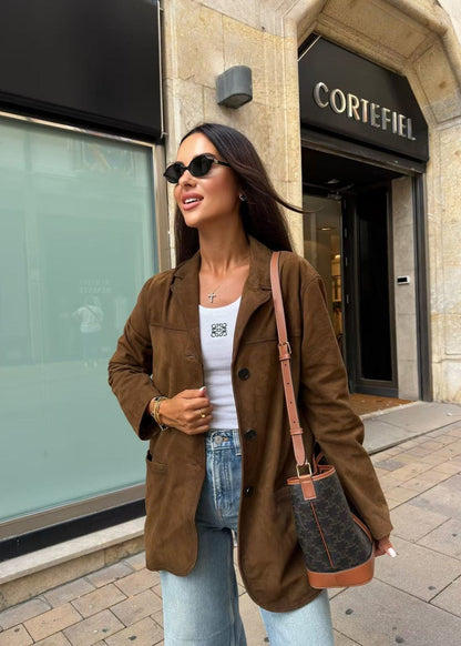 Suede Button Front Blazer with Patch Pockets